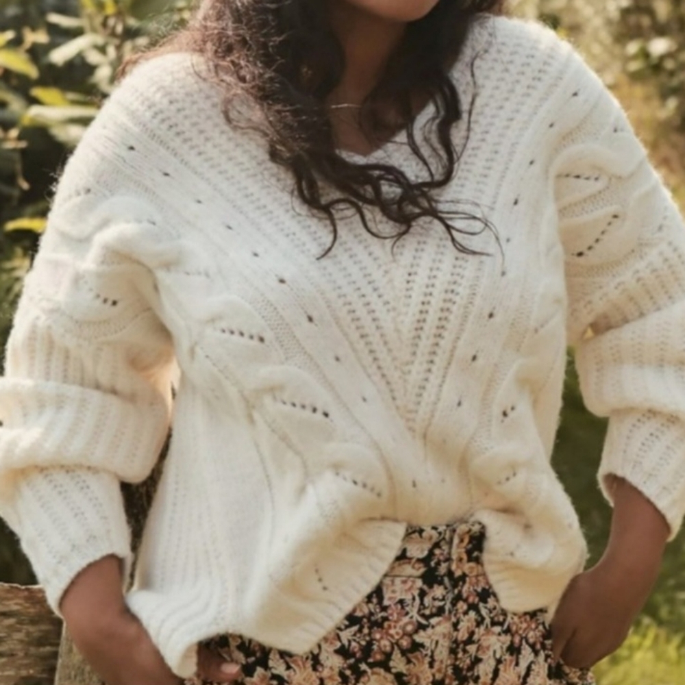 Anthropologie Cream V-Neck Irish Pointelle Sweater Size XS NEW NWT Chunku